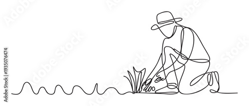 Continuous line drawing of a farmer or gardener planting seeds or tending to crops, perfect for agriculturerelated projects, sustainable living concepts, and environmental awareness