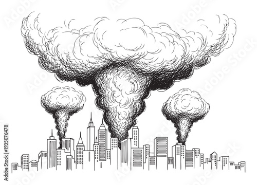 Hand drawn illustration depicting a city skyline experiencing severe air pollution with large smoke clouds rising from buildings, perfect for environmental impact and urban decay themes