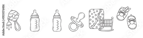 Collection of essential baby care items and newborn accessories, including a rattle, feeding bottles, pacifier, crib, blanket, and shoes, perfect for infant product advertising and