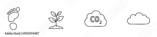 Environmental sustainability icons depicting carbon footprint, plant growth, and carbon dioxide emissions for ecological projects and green initiatives
