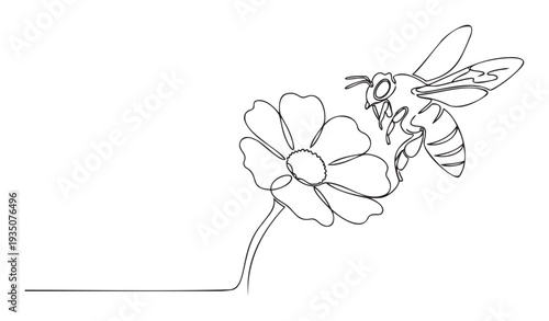 Minimalist one line drawing of a honey bee approaching a blossoming flower, symbolizing natures connection and pollination, ideal for ecofriendly branding or natural product packaging