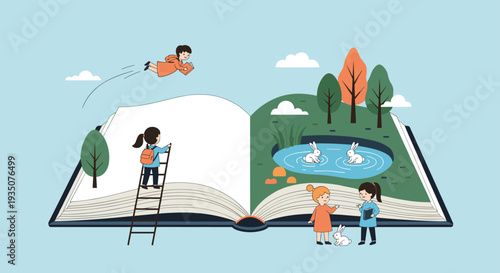 Group of diverse children explore a magical world emerging from a giant open book featuring a forest pond and flying kids.