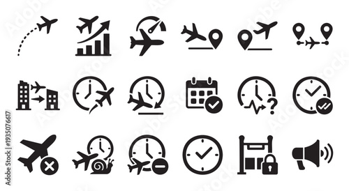 Comprehensive icon set depicting air travel logistics, flight schedules, time management, journey planning, and potential delays for transportation and business applications.