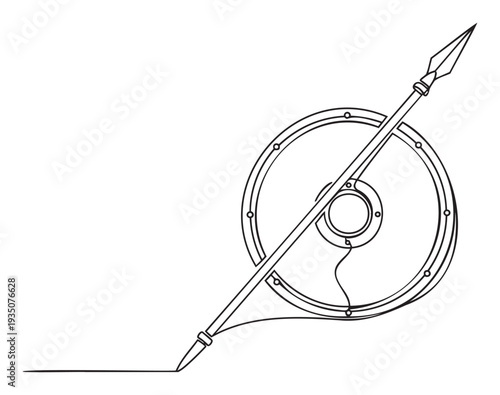 A striking continuous line drawing depicting a powerful Viking shield and a sharp spear, perfect for historical presentations, game development assets, educational materials, or minimalist
