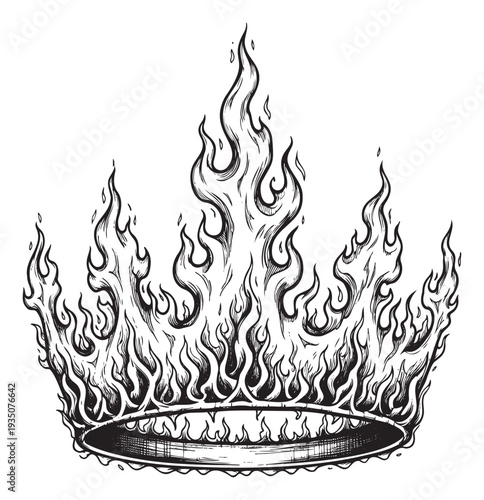 Royal crown engulfed in powerful expressive flames a striking hand drawn sketch suitable for bold tattoo designs apparel prints and compelling album covers