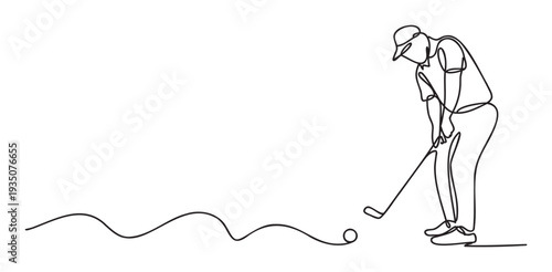Golfer in a continuous line drawing style preparing to hit a golf ball on a wavy course, perfect for sports event promotions, active lifestyle blogs, or golf club branding.