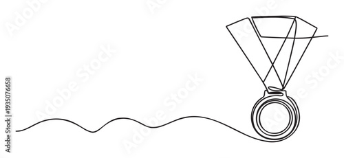 Continuous single line drawing depicting a prestigious medal and ribbon representing triumph and excellence, ideal for sports, education, or business success recognition materials