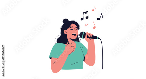 Young woman with dark hair happily sings into a microphone with floating music notes representing performance and musical passion.