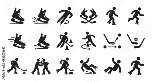Dynamic collection of ice skating and ice hockey pictogram icons depicting various actions like gliding, turning, shooting, and falling, ideal for sports presentations and user interface