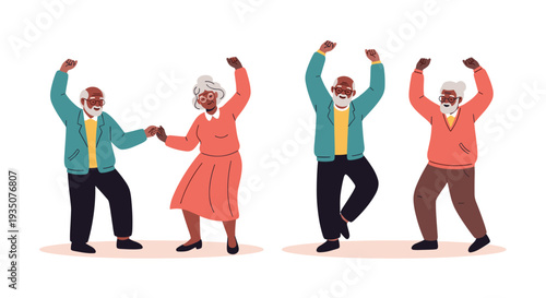 Groups of happy elderly people enjoy their time together while dancing and having fun during a social event for active seniors.