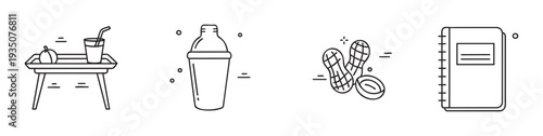 Collection of essential items including a breakfast tray with fruit and a beverage, a stylish cocktail shaker, delicious peanuts, and a practical notebook, suitable for various daily life