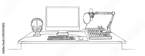 Professional podcasting and home studio recording equipment setup including a computer, microphone, headphones, and sound mixer, ideal for digital content creation.