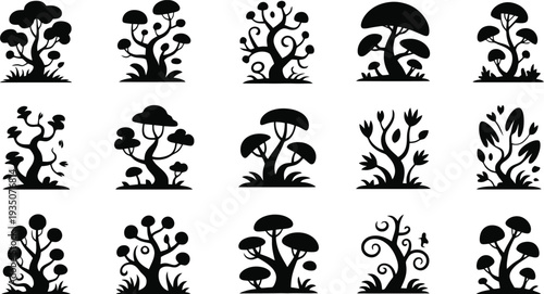 A collection of black silhouette illustrations of various mushrooms and fungi on a white background, ideal for design and nature concepts.