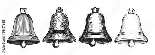 Vintage inspired hand drawn bells in various shapes and textures perfect for holiday season greetings, special event invitations, or historical themed graphic projects
