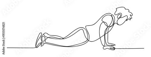 Continuous single line drawing of a male figure performing a pushup exercise, perfect for illustrating fitness routines, workout guides, and healthy lifestyle promotions.