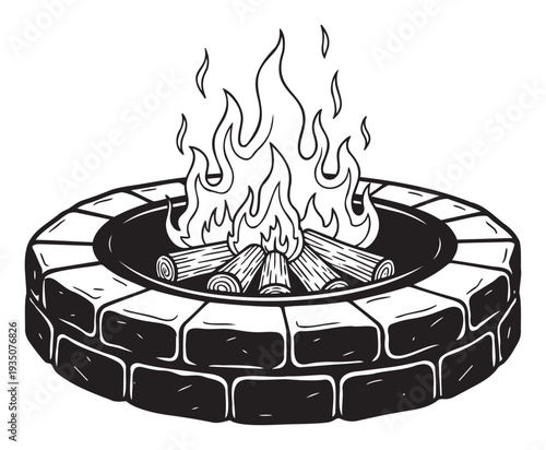 Rustic outdoor fire pit with burning logs and dancing flames providing warmth and a cozy ambiance, perfect for camping guides and backyard leisure advertisements.