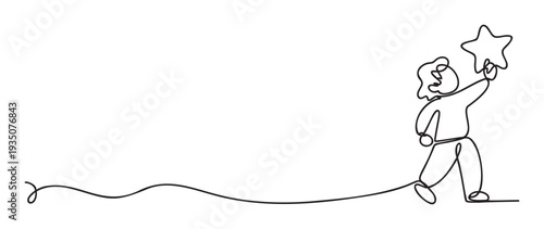 Continuous line drawing of a figure holding a star symbolizing ambition and success, perfect for motivational branding, educational materials, or achievementfocused presentations.