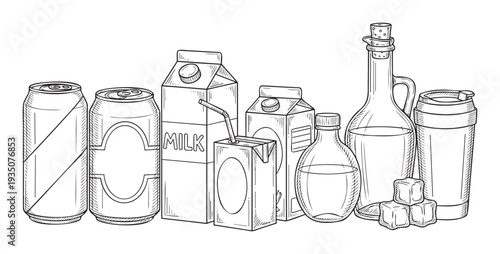 Collection of diverse beverage containers including soda cans, milk and juice cartons, glass bottles, and a travel mug, drawn in a black outline sketch style for various drink product