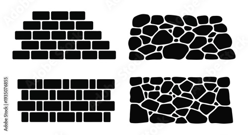 Four distinct black shapes resembling brick and stone walls are displayed in a minimalist design silhouette high quality professional detailed modern