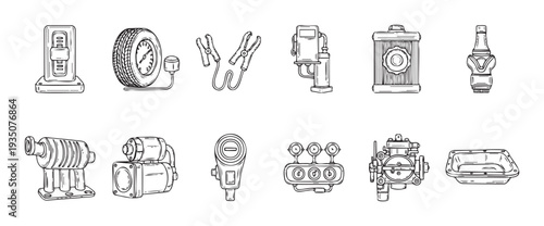 A collection of various handdrawn automotive car parts and repair tools including an oil filter, tire gauge, fuel pump, starter, and carburetor, perfect for mechanic service industry