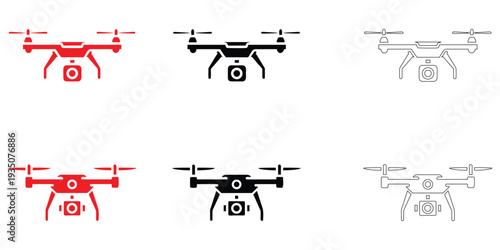 quadcopter drone with camera icon vector, flying drone with propeller vector, silhouette and line art icon