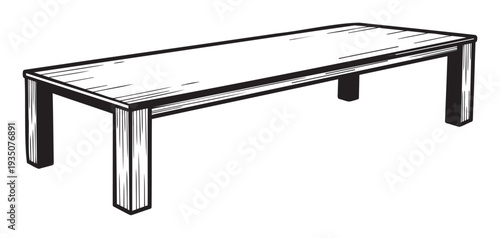 Versatile black and white sketch of a long rectangular wood table with sturdy legs, suitable for dining, office, or various home interior design projects.