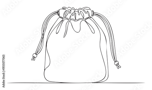 Stylish continuous line drawing of a versatile drawstring pouch bag standing on a flat surface, suitable for various uses including minimalist packaging solutions, retail branding, or