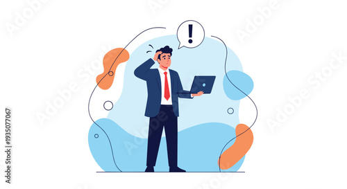 Confused businessman in a suit holds a laptop and looks puzzled while a question mark bubble appears next to his head.