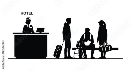 A hotel reception scene depicts guests checking in with a bellhop all rendered as a striking silhouette high quality professional detailed
