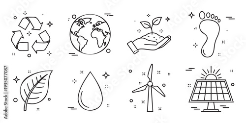 A collection of outline environmental sustainability icons depicting recycling, planet Earth, plant growth, eco footprint, leaf, water, wind power, and solar energy for graphic and web