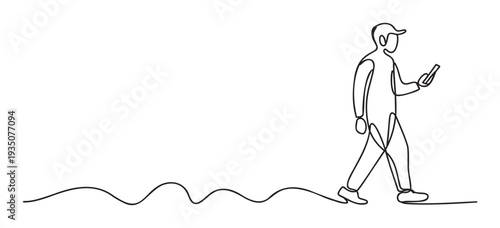 Minimalist continuous single line drawing of a person wearing a cap and walking while looking at a smartphone, ideal for technology addiction awareness campaigns, digital communication