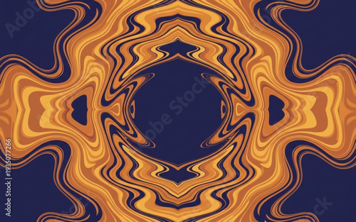Vibrant abstract illustration featuring symmetrical patterns and fiery orange shapes on a dark background from a direct viewpoint.