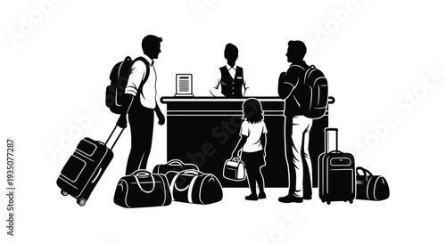 A family checks into a hotel interacting with staff at the front desk depicted as a striking silhouette high quality professional
