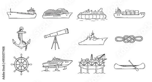 Comprehensive collection of various maritime transport vehicles and nautical objects presented as simple line icons, perfect for educational materials, marine themed publications, or