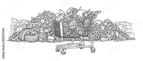 Shopping cart brimming with consumer waste, old car parts, and scrap metal, displayed before a vast pile of junk, illustrating themes of environmental pollution and recycling needs.