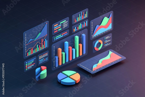 3D charts and graphs of business indicators.
