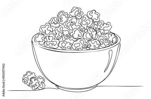 A simple continuous line drawing illustrating a generous bowl brimming with classic popcorn, ideal for movie night themes, snack product advertising, or engaging food blog content.