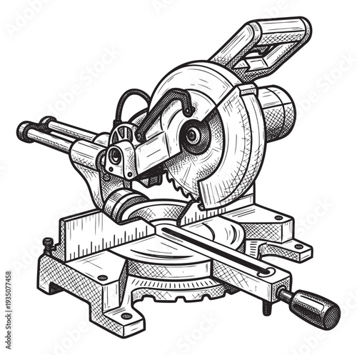 Detailed black and white sketch of a miter saw, commonly used for precise woodworking and carpentry projects, ideal for educational materials and construction industry publications.