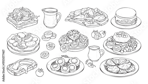 Various monochrome food items like sandwiches pancakes and fresh vegetables ready for use in culinary themed projects and recipe publications.