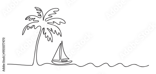 Minimal continuous line drawing depicting a tropical palm tree on a serene beach with a sailboat floating on the wavy ocean, perfect for summer vacation promotions and travel advertisements.