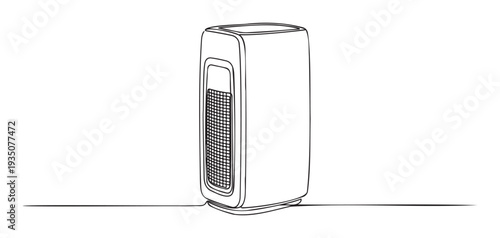 Continuous line drawing of a modern tower air purifier or heater, representing smart home technology and clean air concepts for appliance ads and health blogs