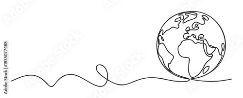 Simple continuous line drawing depicting a stylized world globe with visible continents, symbolizing global connection and unity, perfect for modern presentations, environmental