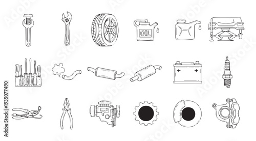 Automotive service and repair tools with various car parts line illustrations essential for mechanic shop advertisements or vehicle maintenance guide publications.