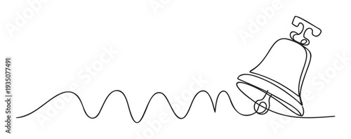 Minimalist continuous line drawing of a ringing bell connected to an elegant sound wave, perfect for modern graphic design projects, invitations, and simple branding materials