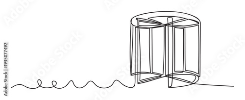 Single continuous line drawing of a modern revolving door representing connectivity and smooth transitions, ideal for business, architecture, or technology presentations.