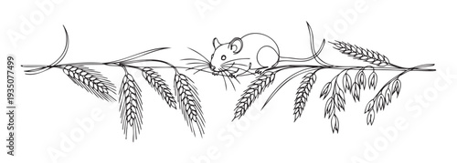 A charming field mouse sits on a long branch adorned with various cereal grains like wheat, barley, and oats, ideal for agriculturethemed media or educational resources