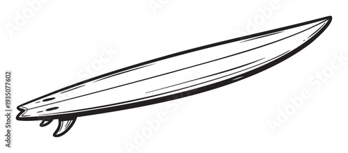 Dynamic black and white line drawing of a sleek surfboard perfect for summer water sports advertising and beach lifestyle inspired marketing campaigns