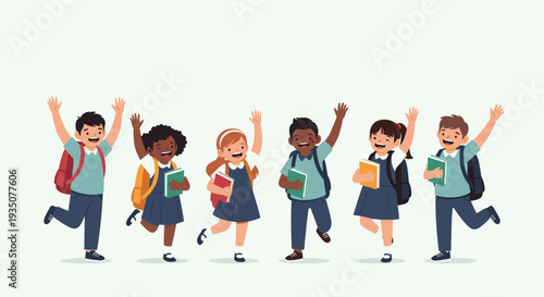 Group of diverse and happy primary school children wearing uniforms and backpacks jump and cheer with their school books.