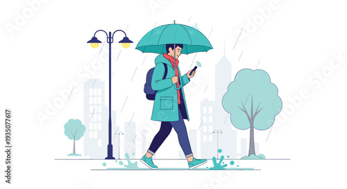 Man wearing a warm jacket and backpack walks under a blue umbrella while using his smartphone during a rainy day in the city.