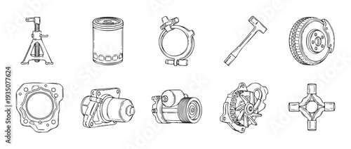 Collection of car maintenance repair components including jack stand filter clamp wheel gasket pump compressor alternator and universal joint for automotive service documentation